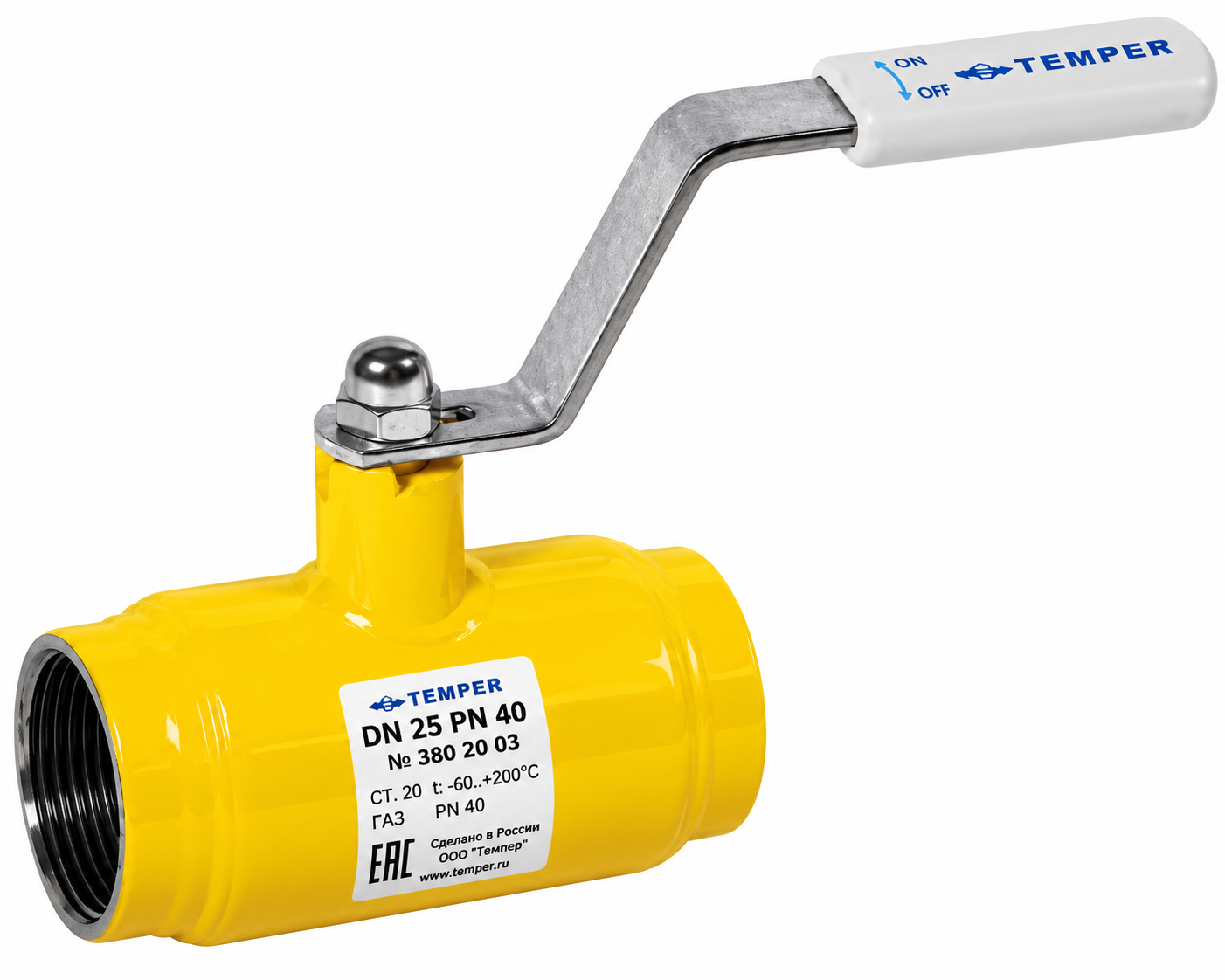 Кран шаровой сталь резьбовой Газ Temper DN 32 PN40,L=100мм, ст.20, стандартный проход 38020032